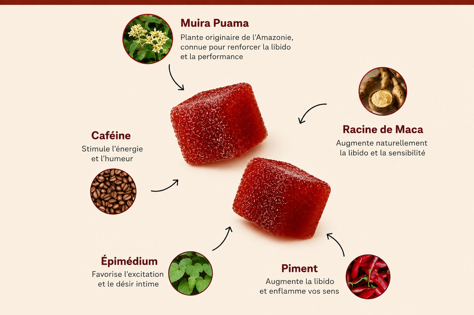 Ingrédients BraiseCubes : Muira Puama, Racine de Maca, Caféine, Piment, Épimédium — une sélection d'ingrédients soigneusement choisis