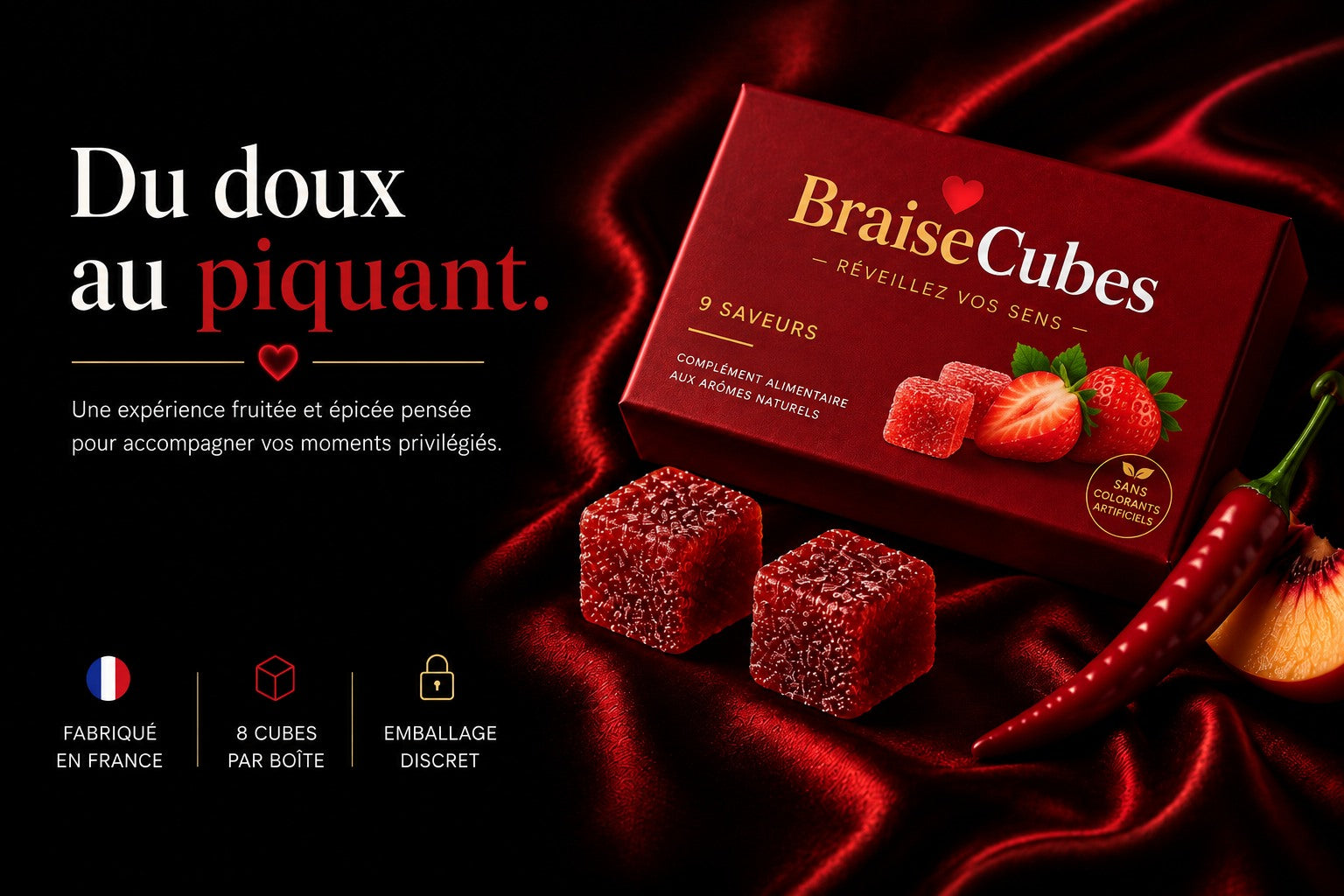 BraiseCubes — Du doux au piquant. Une expérience fruitée et épicée pensée pour accompagner vos moments privilégiés. Fabriqué en France, 8 cubes par boîte, emballage discret.